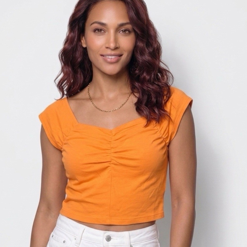 Tropical Heat Ruched Crop Top Women‎ Medium Orange Y2K Cap Sleeve Made Hong Kong